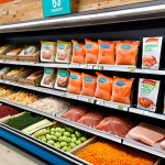 A vibrant and colorful display of plant-based seafood alternatives in a modern grocery store setting. Focus on a variety of textures and forms, including tuna flakes, shrimp analogs, and salmon fillets, highlighting recognizable brands and clear labeling. The scene should emphasize the accessibility and appeal of these products to everyday consumers.
