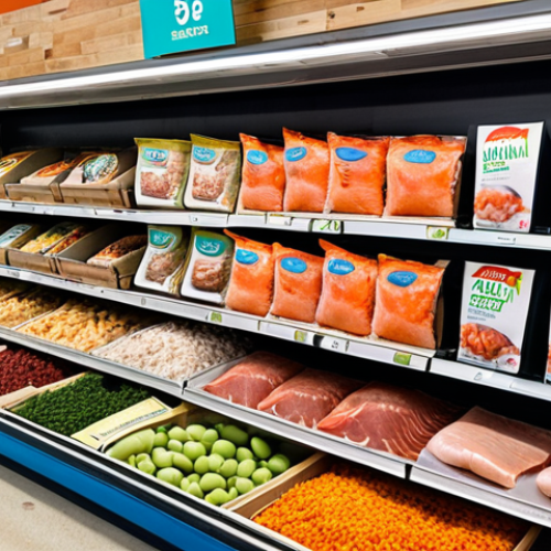 A vibrant and colorful display of plant-based seafood alternatives in a modern grocery store setting. Focus on a variety of textures and forms, including tuna flakes, shrimp analogs, and salmon fillets, highlighting recognizable brands and clear labeling. The scene should emphasize the accessibility and appeal of these products to everyday consumers.