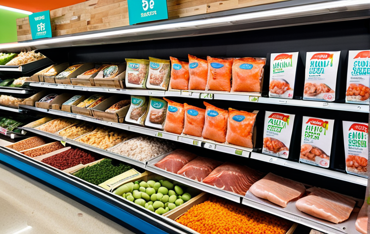 A vibrant and colorful display of plant-based seafood alternatives in a modern grocery store setting. Focus on a variety of textures and forms, including tuna flakes, shrimp analogs, and salmon fillets, highlighting recognizable brands and clear labeling. The scene should emphasize the accessibility and appeal of these products to everyday consumers.