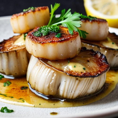 ** Close-up of pan-seared king oyster mushroom "scallops" with a lemon-garlic butter sauce, garnished with fresh parsley. Focus on the caramelized crust and tender interior.

**