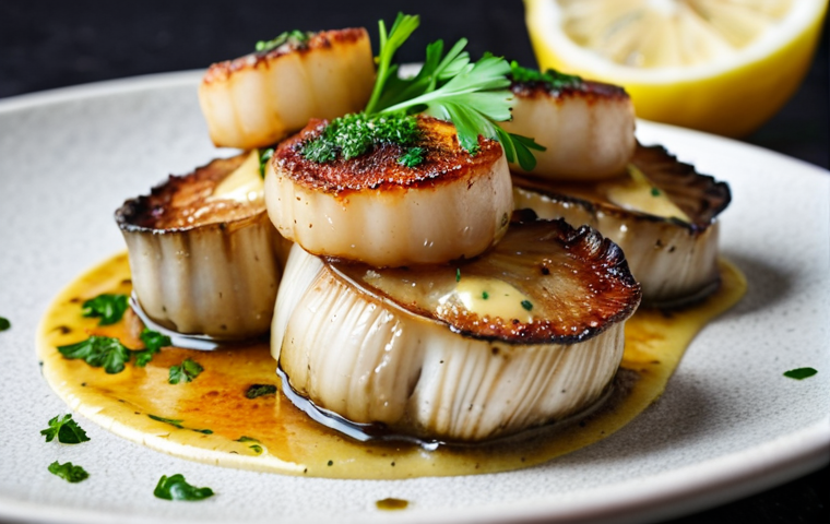 ** Close-up of pan-seared king oyster mushroom "scallops" with a lemon-garlic butter sauce, garnished with fresh parsley. Focus on the caramelized crust and tender interior.
**