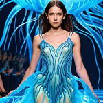 **A vibrant, bioluminescent dress inspired by jellyfish, showcased at a Paris fashion show. The dress should flow ethereally, with subtle glowing patterns mimicking the natural bioluminescence of jellyfish. The background should be a blurred, elegant runway setting.**