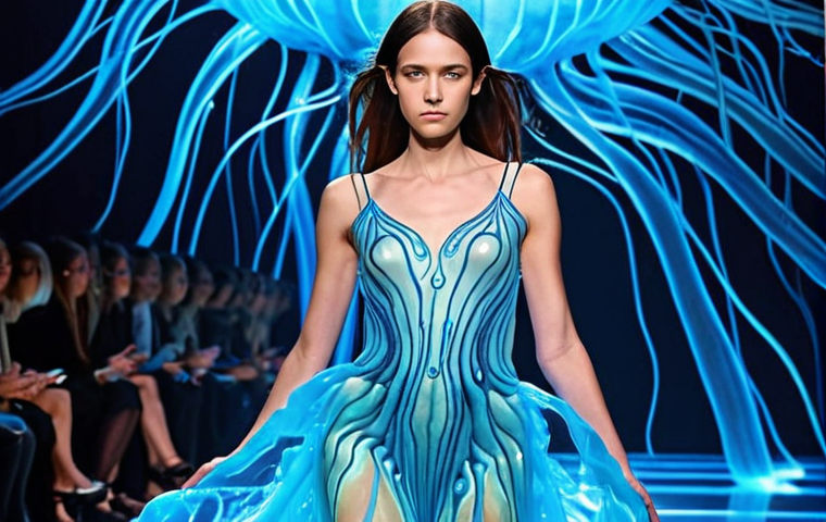 **A vibrant, bioluminescent dress inspired by jellyfish, showcased at a Paris fashion show. The dress should flow ethereally, with subtle glowing patterns mimicking the natural bioluminescence of jellyfish. The background should be a blurred, elegant runway setting.**