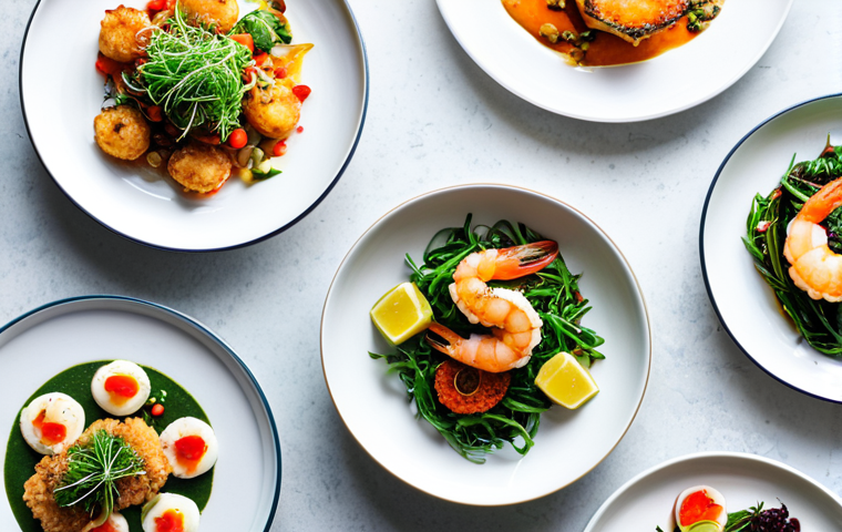 A captivating, professional overhead shot of a diverse spread of plant-based seafood dishes arranged artfully on a pristine white tabletop. The dishes include intricately designed plant-based shrimp, flaky plant-based fish fillets, crumbled plant-based tuna, and seared plant-based scallops, each showcasing realistic textures and vibrant colors. The setting is a brightly lit, modern culinary studio with elegant, simple plating. Focus on detailed textures and appealing presentation, highlighting culinary innovation. Professional photography, high resolution, soft natural lighting, sharp focus, appropriate content, safe for work, professional.