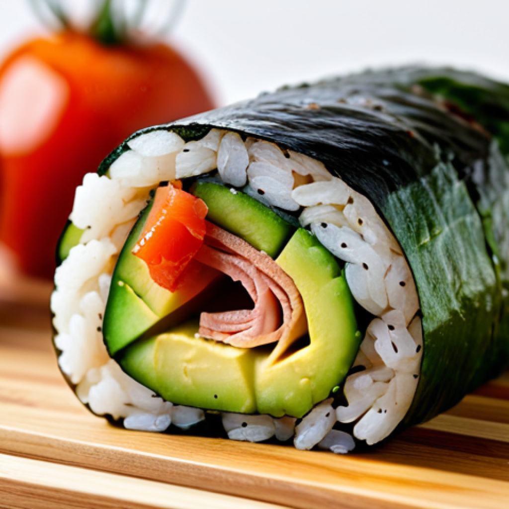 식물성 해산물의 조리법 스시 롤 만들기 - Tomato "Tuna" Sushi Roll**
"A close-up shot of a colorful vegan sushi roll featuring roasted tomato...