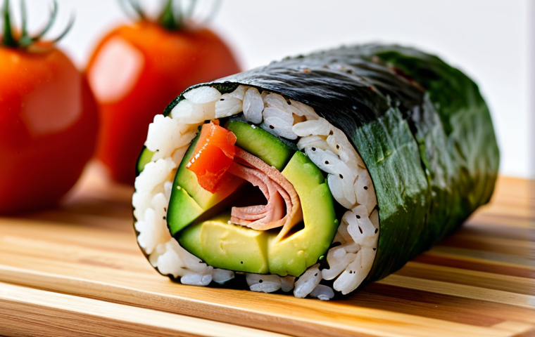 식물성 해산물의 조리법 스시 롤 만들기 - Tomato "Tuna" Sushi Roll**
"A close-up shot of a colorful vegan sushi roll featuring roasted tomato...