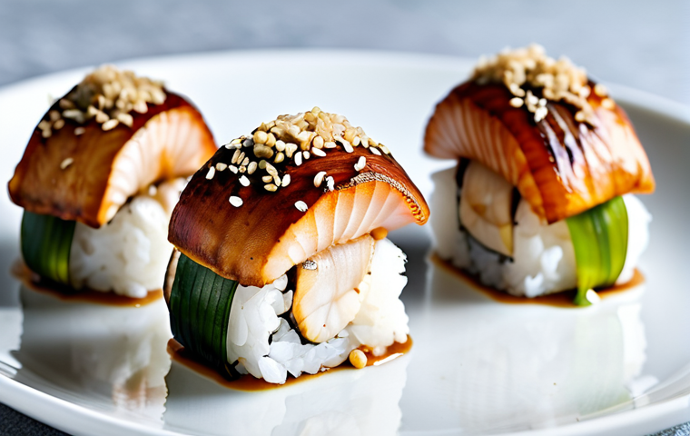 식물성 해산물의 조리법  스시 롤 만들기 - Tomato "Tuna" Sushi Roll**

"A close-up shot of a colorful vegan sushi roll featuring roasted tomato...