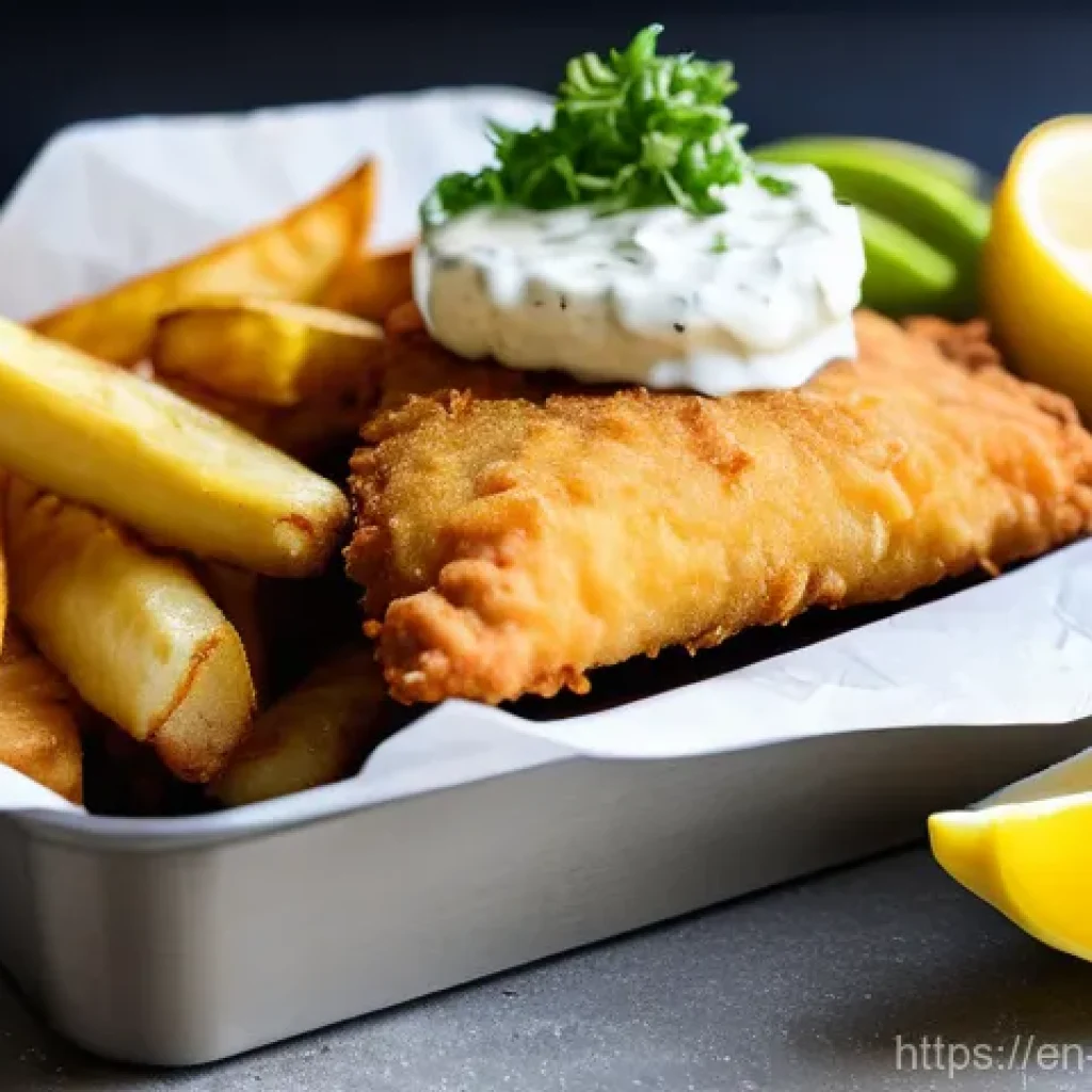 식물성 해산물의 진화 과거와 현재 - A platter of crispy, golden-brown plant-based "fish" and chips, with chunky 'fish' fillets (made fro...