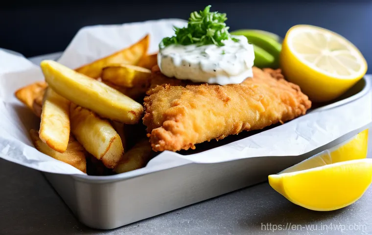 식물성 해산물의 진화 과거와 현재 - A platter of crispy, golden-brown plant-based "fish" and chips, with chunky 'fish' fillets (made fro...