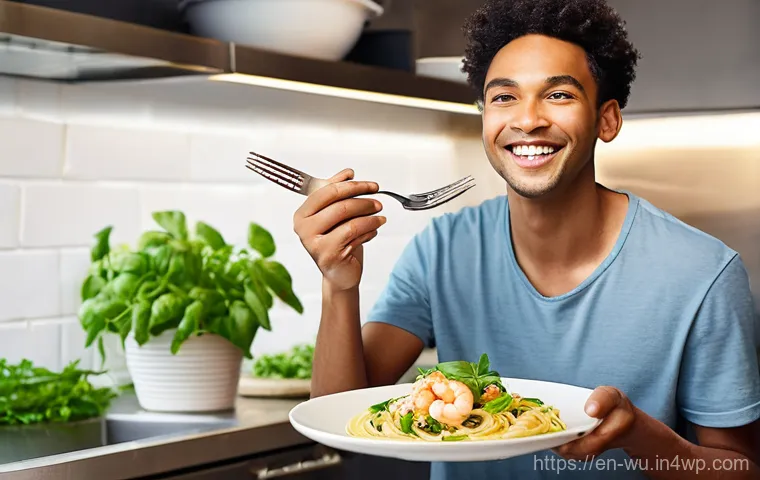 식물성 해산물과 해양 생태계 보호 - **Prompt:** A young adult, casually dressed in a stylish, well-lit kitchen, holds a fork with a piec...