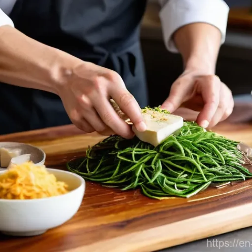 식물성 해산물의 맛 기호를 위한 조미료 활용 - **Plant-Based Umami Base Preparation:**
"A bright, clean, and modern kitchen. A skilled chef, we...