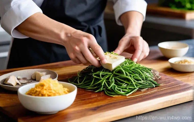 식물성 해산물의 맛 기호를 위한 조미료 활용 - **Plant-Based Umami Base Preparation:**
"A bright, clean, and modern kitchen. A skilled chef, we...
