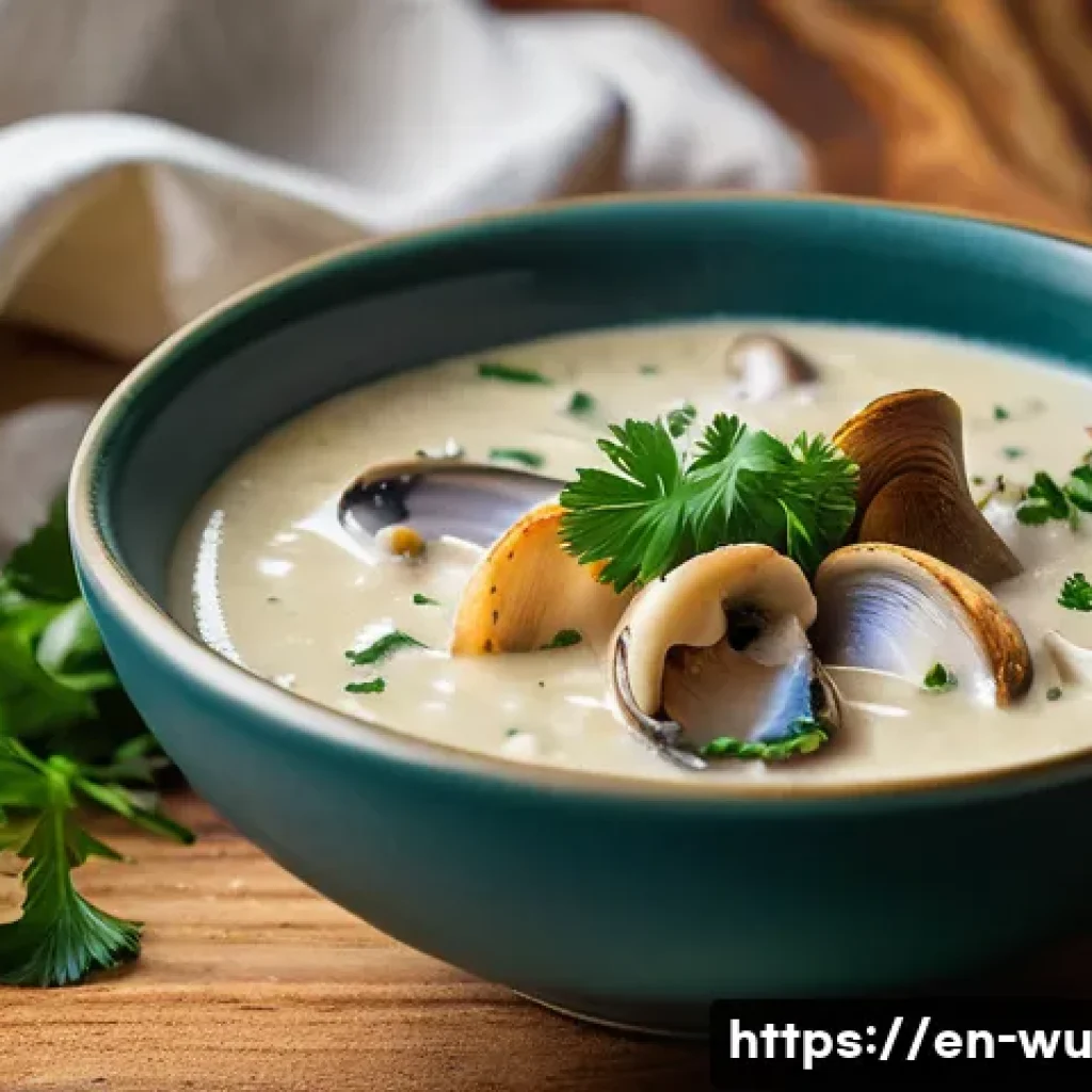 식물성 해산물의 조리법 스프 만들기 - **A comforting, close-up shot of a steaming bowl of "Hearty Plant-Based Clam Chowder."** The chowder...