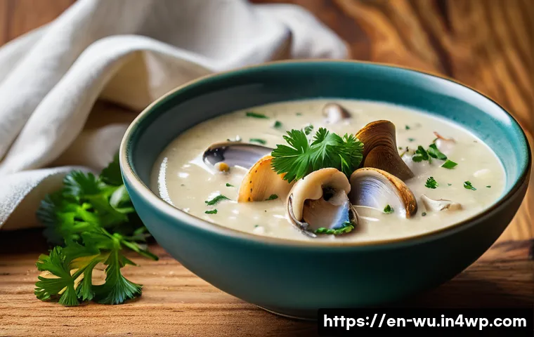 식물성 해산물의 조리법 스프 만들기 - **A comforting, close-up shot of a steaming bowl of "Hearty Plant-Based Clam Chowder."** The chowder...