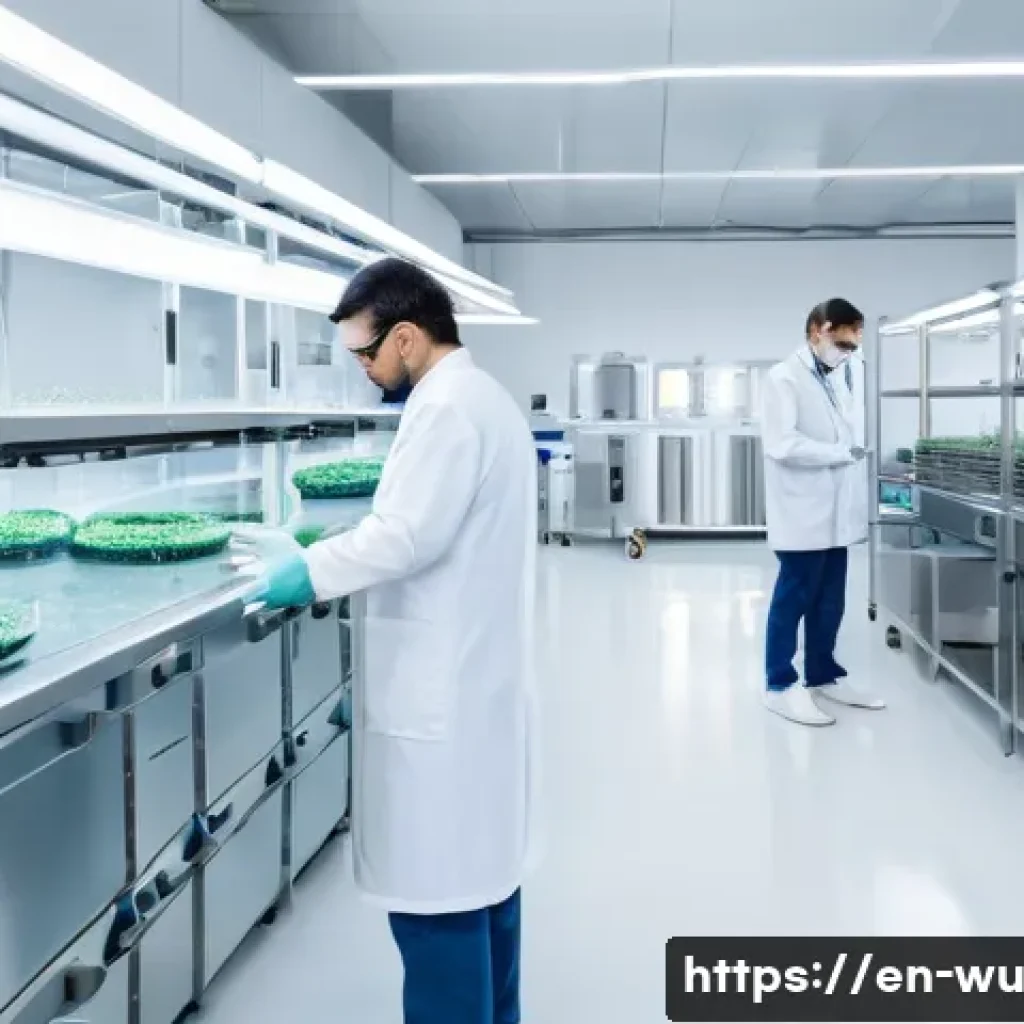 식물성 해산물의 농업적 접근 지속 가능성 - A modern laboratory setting with scientists wearing lab coats and safety glasses, carefully examinin...