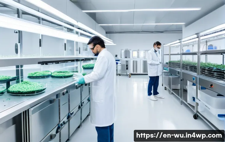식물성 해산물의 농업적 접근 지속 가능성 - A modern laboratory setting with scientists wearing lab coats and safety glasses, carefully examinin...