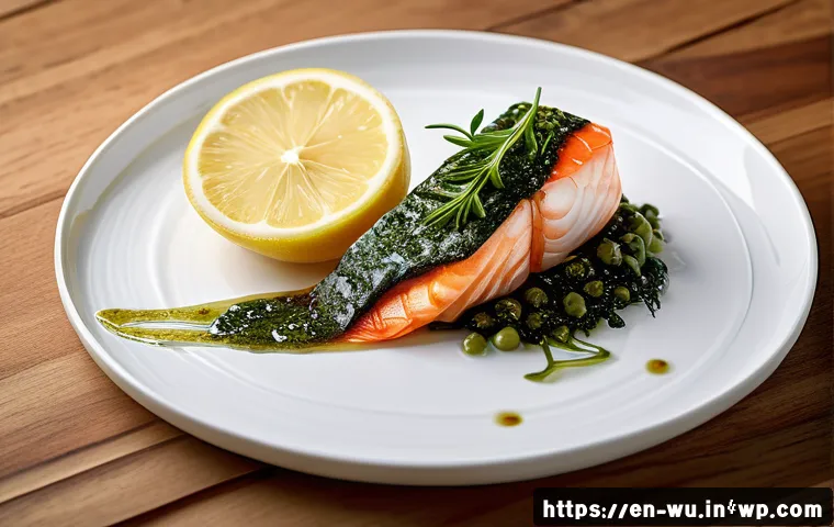 식물성 해산물 제조 과정의 기술적 접근 - A close-up, hyper-realistic image of a plant-based seafood fillet on a white ceramic plate, showcasi...