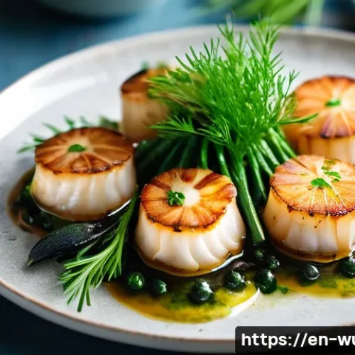 Home 32 식물성 해산물의 시식 행사 및 마케팅 - A vibrant, high-resolution close-up of a gourmet plant-based seafood platter featuring delicately se...