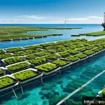 Home 19 식물성 해산물의 탄소 발자국 계산하기 - A detailed, high-resolution illustration of a sustainable seaweed farm in a clear blue ocean under b...