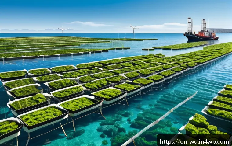 식물성 해산물의 탄소 발자국 계산하기 - A detailed, high-resolution illustration of a sustainable seaweed farm in a clear blue ocean under b...