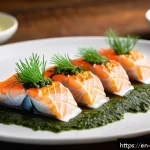 Home 18 식물성 해산물의 맛과 질감을 개선하는 기술 - A close-up, hyper-realistic image of a gourmet plant-based seafood platter featuring delicately laye...