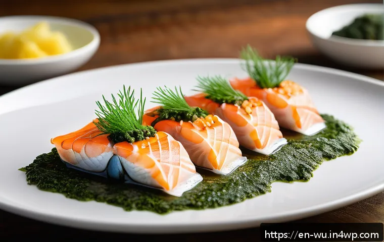 식물성 해산물의 맛과 질감을 개선하는 기술 - A close-up, hyper-realistic image of a gourmet plant-based seafood platter featuring delicately laye...