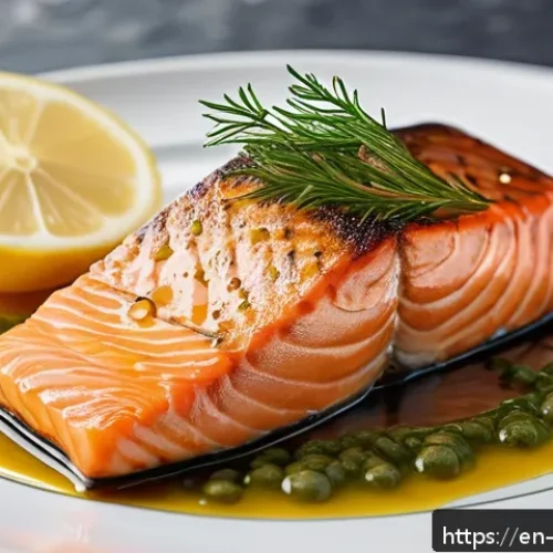 Home 17 식물성 해산물의 대체 식품 시장 분석 - A close-up, hyper-realistic image of a plant-based salmon filet on a white ceramic plate, showcasing...