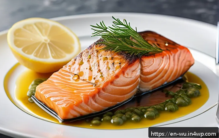 식물성 해산물의 대체 식품 시장 분석 - A close-up, hyper-realistic image of a plant-based salmon filet on a white ceramic plate, showcasing...